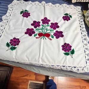 Floral Embroidered Tablecloth with Lace Trim